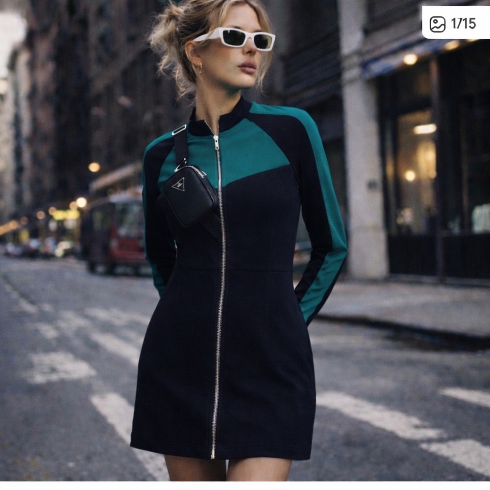 Maje Sporty Zip Front Mini Dress Green Black Contrast Bodycon Athleisure Chic